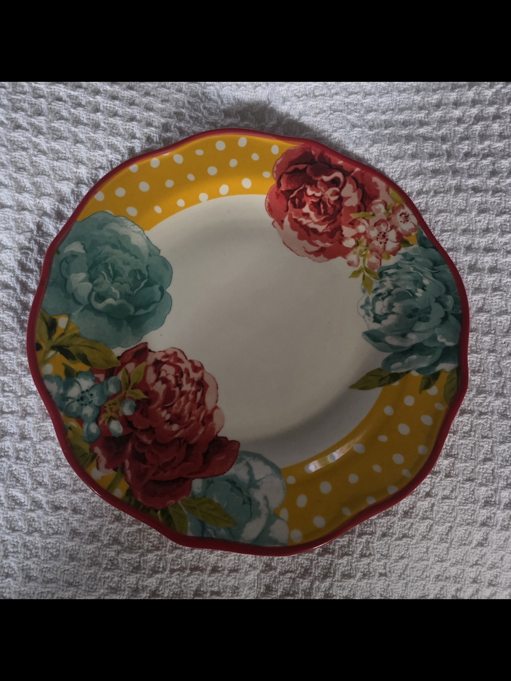 The Pioneer Woman Yellow Polka Dot Floral Dinner Plate with Red Trim
